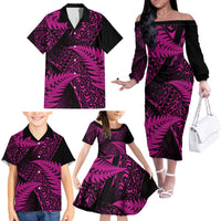 New Zealand Rugby Pacific Personalised Family Matching Off The Shoulder Long Sleeve Dress and Hawaiian Shirt All Pink Maori Pasifika Fern Pattern LT9 - Polynesian Pride