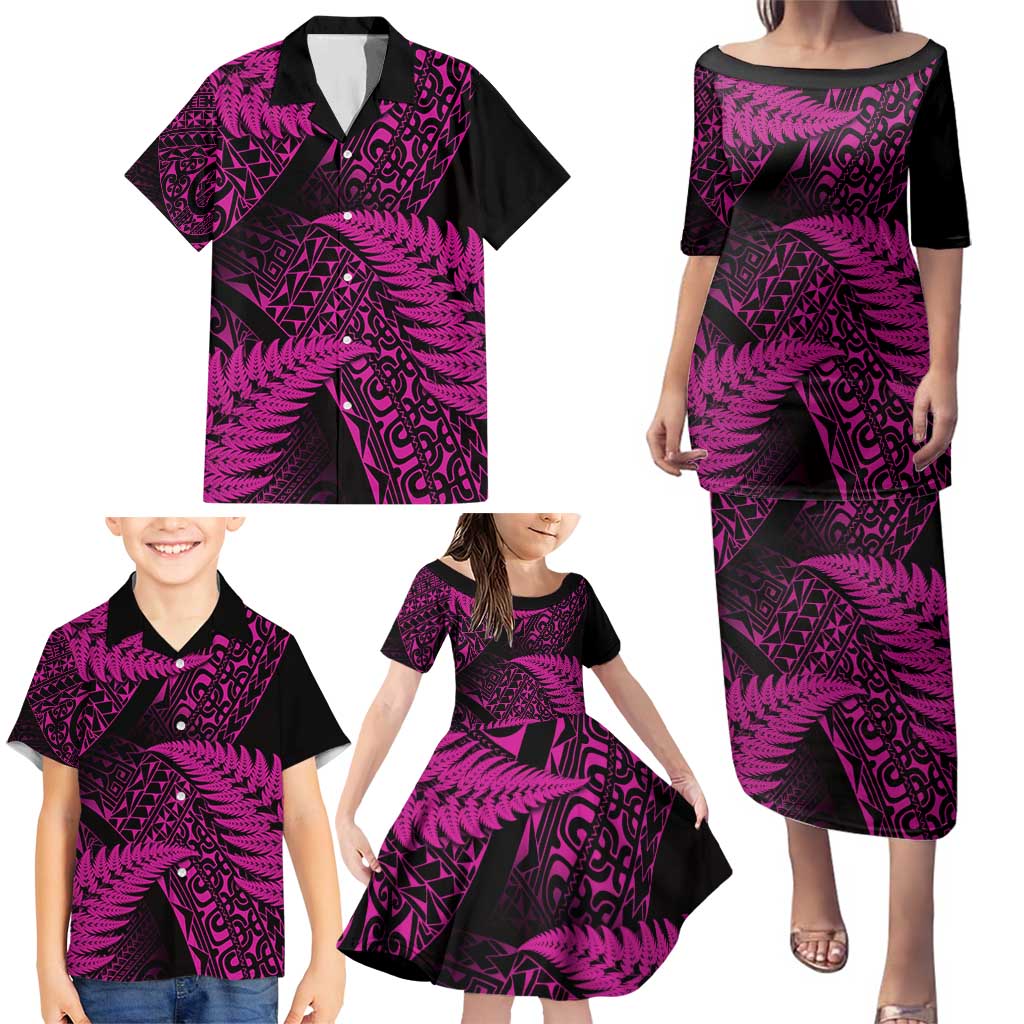 New Zealand Rugby Pacific Personalised Family Matching Puletasi and Hawaiian Shirt All Pink Maori Pasifika Fern Pattern