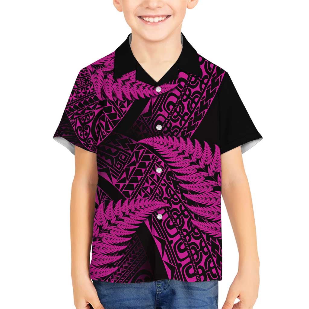 New Zealand Rugby Pacific Personalised Family Matching Puletasi and Hawaiian Shirt All Pink Maori Pasifika Fern Pattern LT9 Son's Shirt Pink - Polynesian Pride