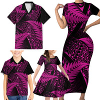 New Zealand Rugby Pacific Personalised Family Matching Short Sleeve Bodycon Dress and Hawaiian Shirt All Pink Maori Pasifika Fern Pattern LT9 - Polynesian Pride