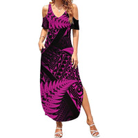 New Zealand Rugby Pacific Personalised Family Matching Summer Maxi Dress and Hawaiian Shirt All Pink Maori Pasifika Fern Pattern LT9 Mom's Dress Pink - Polynesian Pride