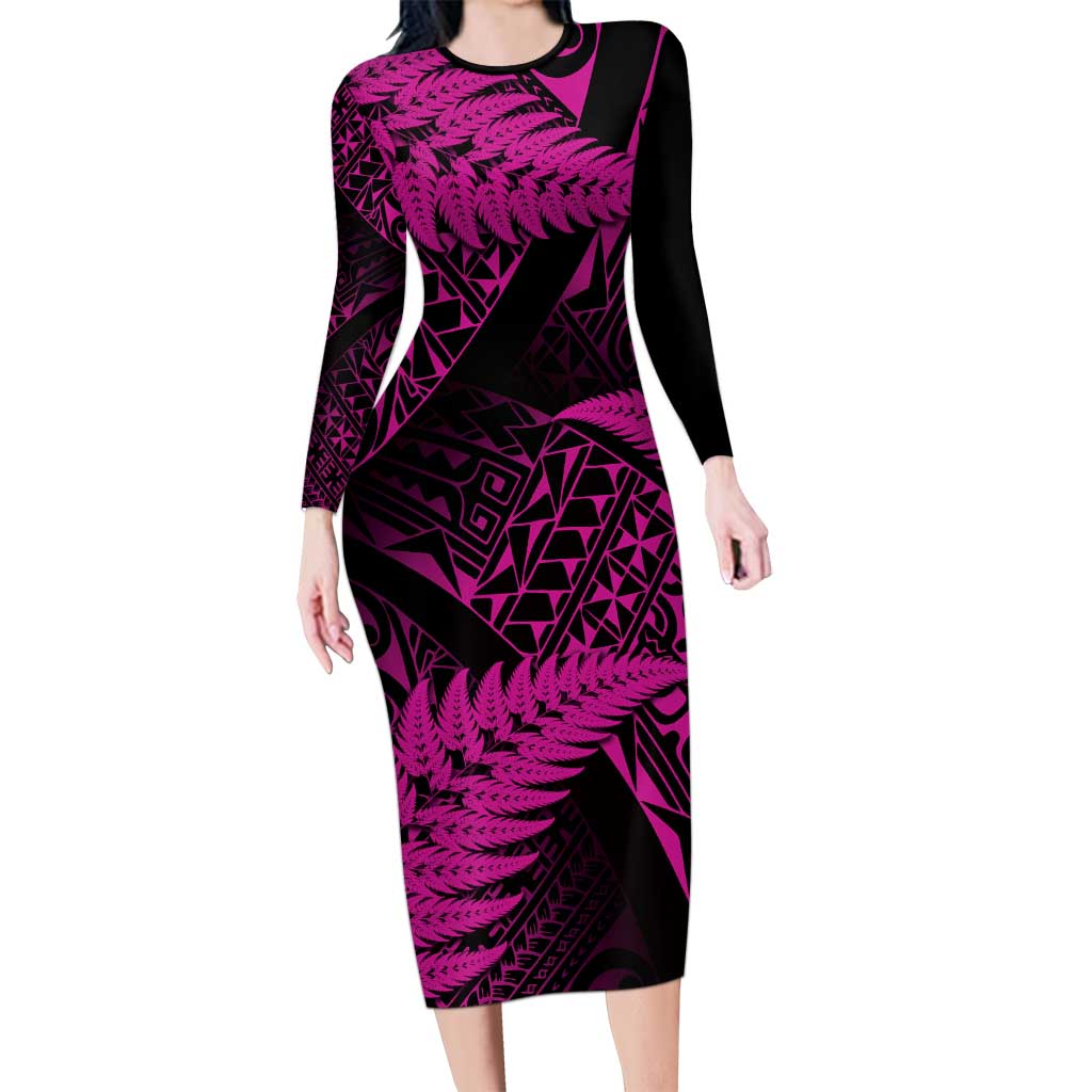 New Zealand Rugby Pacific Personalised Long Sleeve Bodycon Dress All Pink Maori Pasifika Fern Pattern