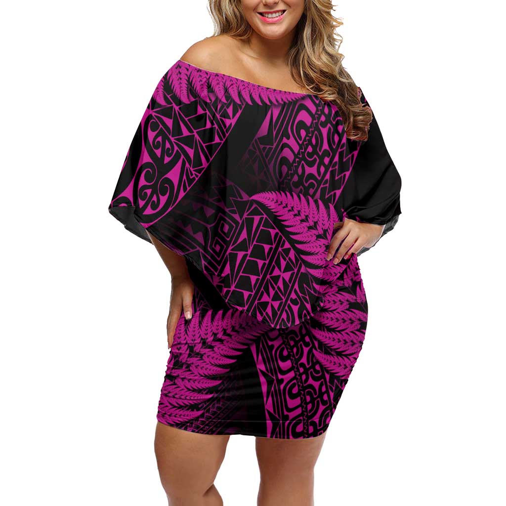 New Zealand Rugby Pacific Personalised Off Shoulder Short Dress All Pink Maori Pasifika Fern Pattern