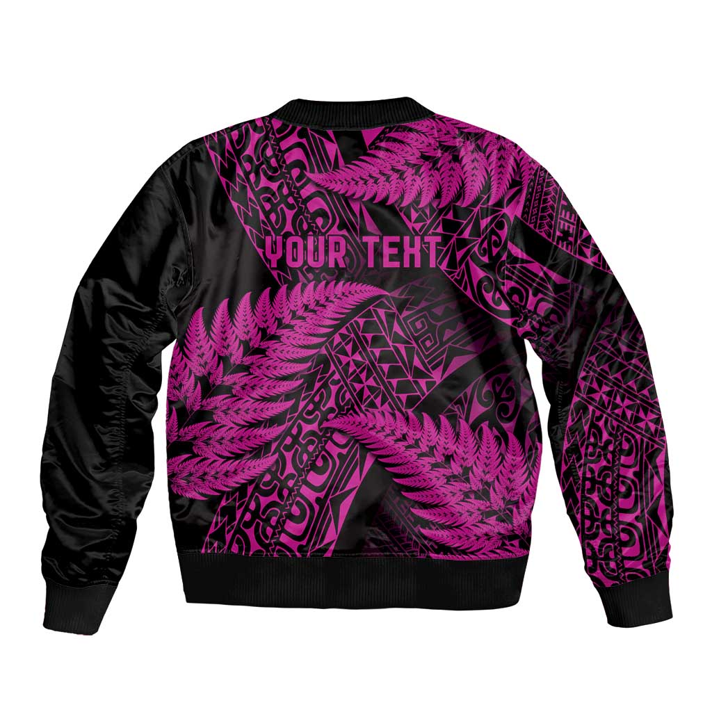 New Zealand Rugby Pacific Personalised Sleeve Zip Bomber Jacket All Pink Maori Pasifika Fern Pattern