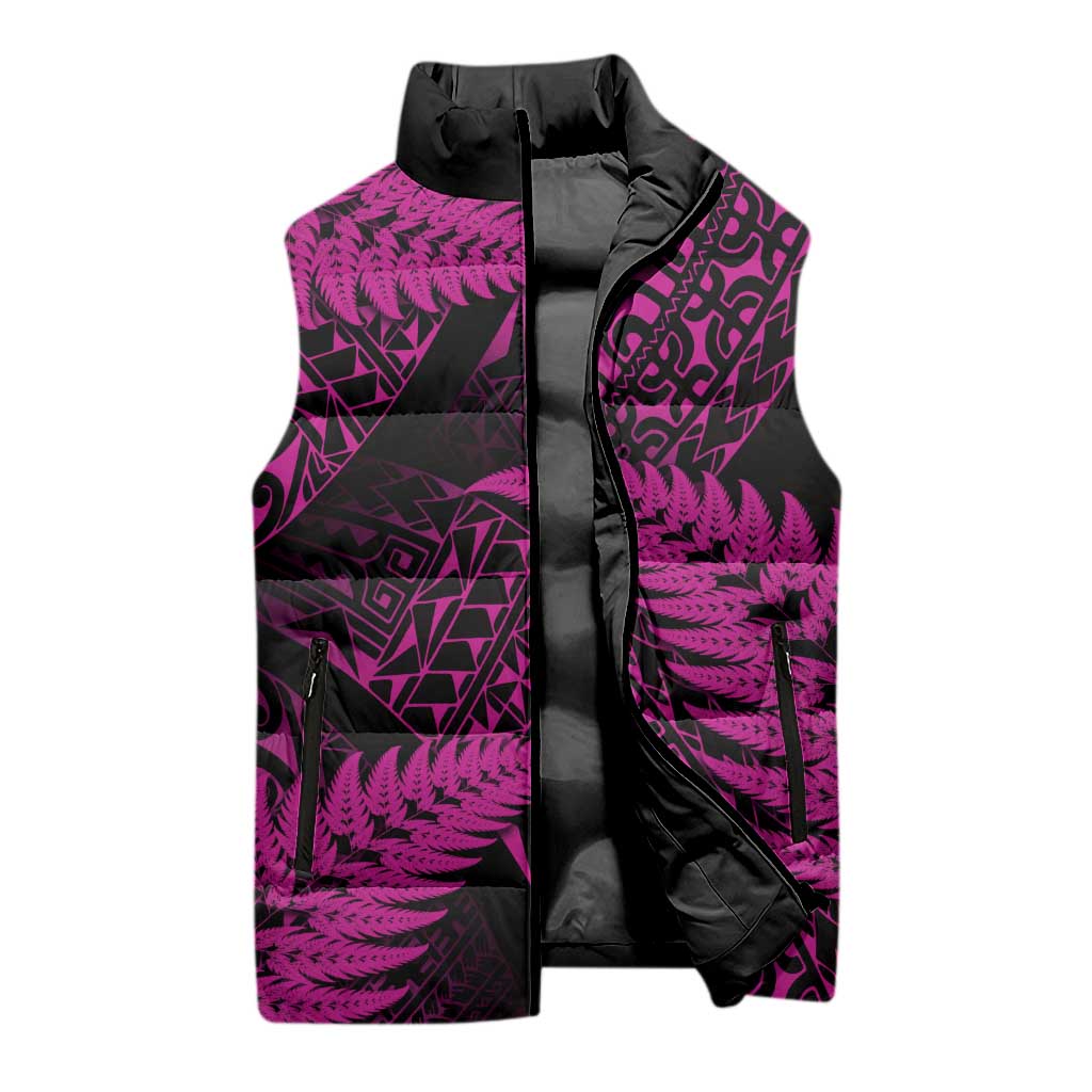 New Zealand Rugby Pacific Personalised Sleeveless Puffer Jacket All Pink Maori Pasifika Fern Pattern - Polynesian Pride