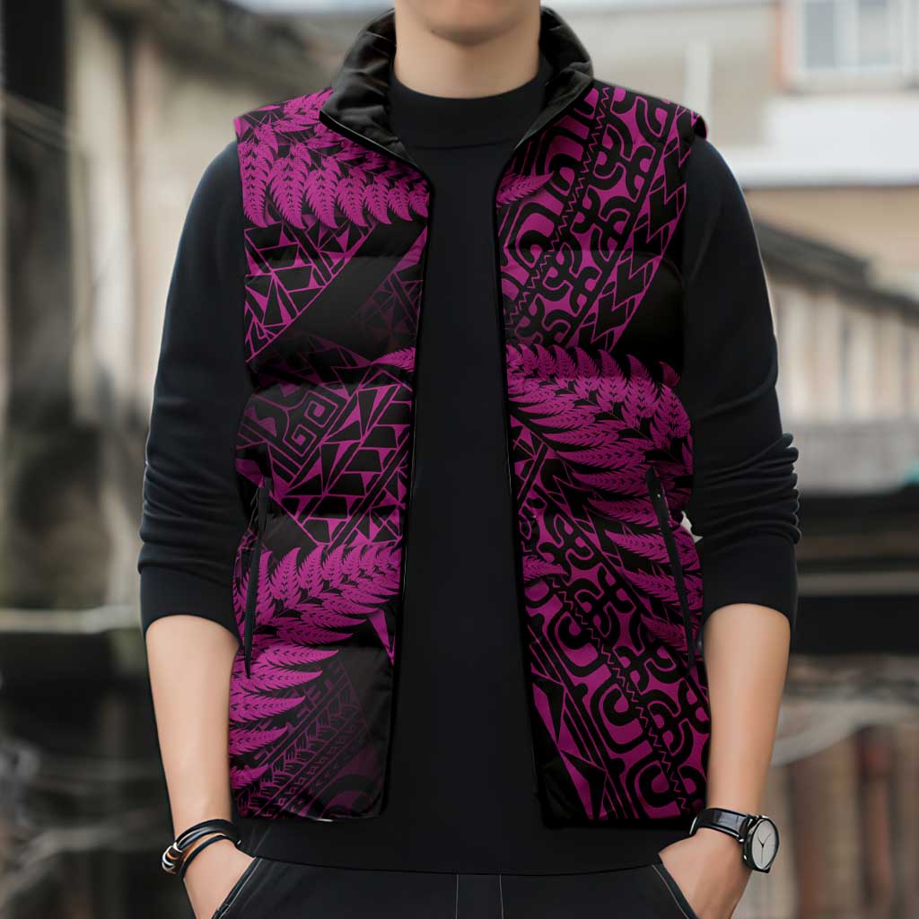 New Zealand Rugby Pacific Personalised Sleeveless Puffer Jacket All Pink Maori Pasifika Fern Pattern - Polynesian Pride
