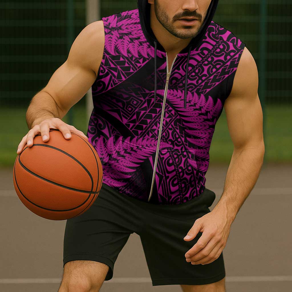 New Zealand Rugby Pacific Personalised Sleeveless Zip Hoodie All Pink Maori Pasifika Fern Pattern - Polynesian Pride