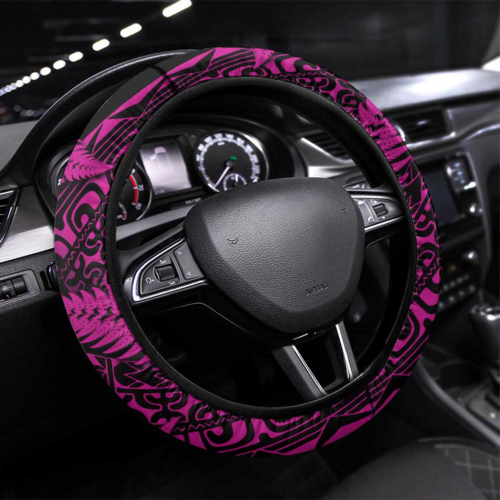 New Zealand Rugby Pacific Steering Wheel Cover All Pink Maori Pasifika Fern Pattern