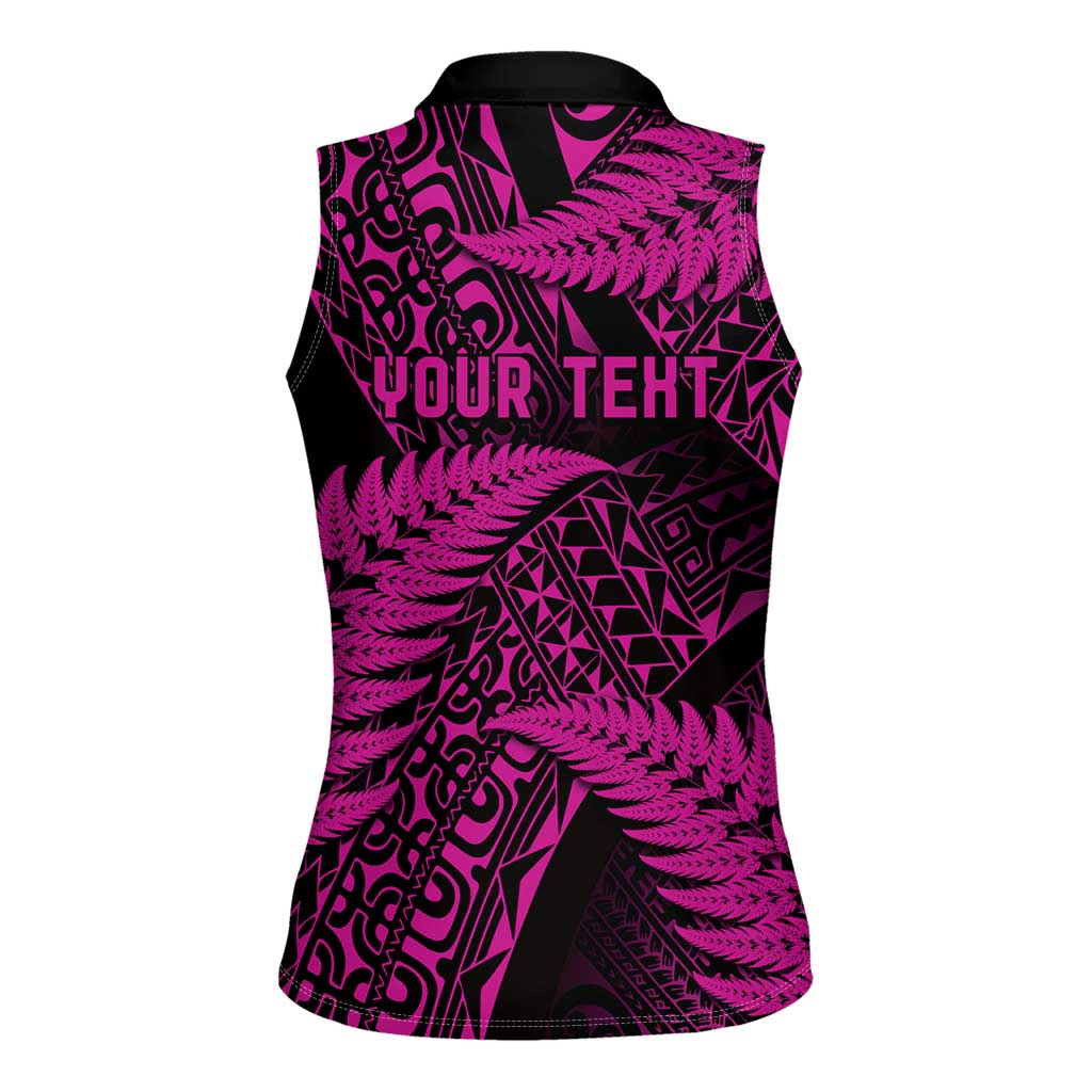 New Zealand Rugby Pacific Personalised Women Sleeveless Polo Shirt All Pink Maori Pasifika Fern Pattern