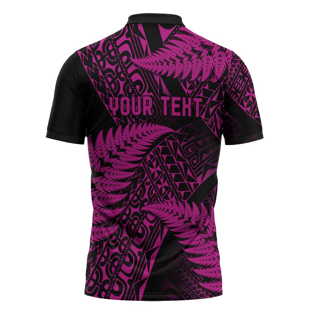 New Zealand Rugby Pacific Personalised Zipper Polo Shirt All Pink Maori Pasifika Fern Pattern - Polynesian Pride