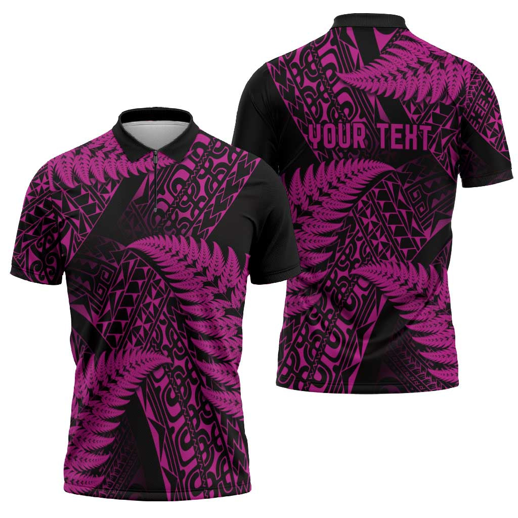 New Zealand Rugby Pacific Personalised Zipper Polo Shirt All Pink Maori Pasifika Fern Pattern - Polynesian Pride