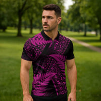 New Zealand Rugby Pacific Personalised Zipper Polo Shirt All Pink Maori Pasifika Fern Pattern - Polynesian Pride