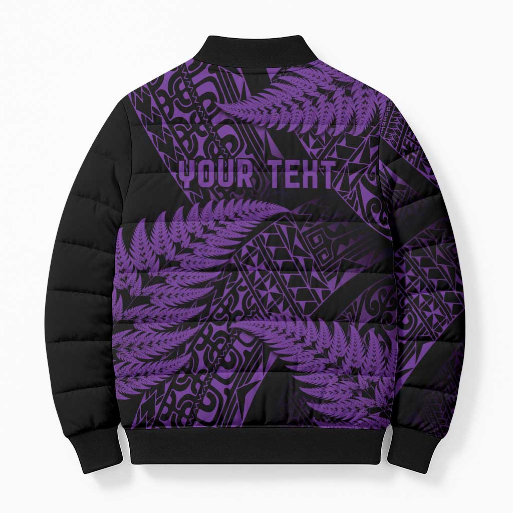 New Zealand Rugby Pacific Personalised Bomber Puffer Jacket All Purple Maori Pasifika Fern Pattern - Polynesian Pride