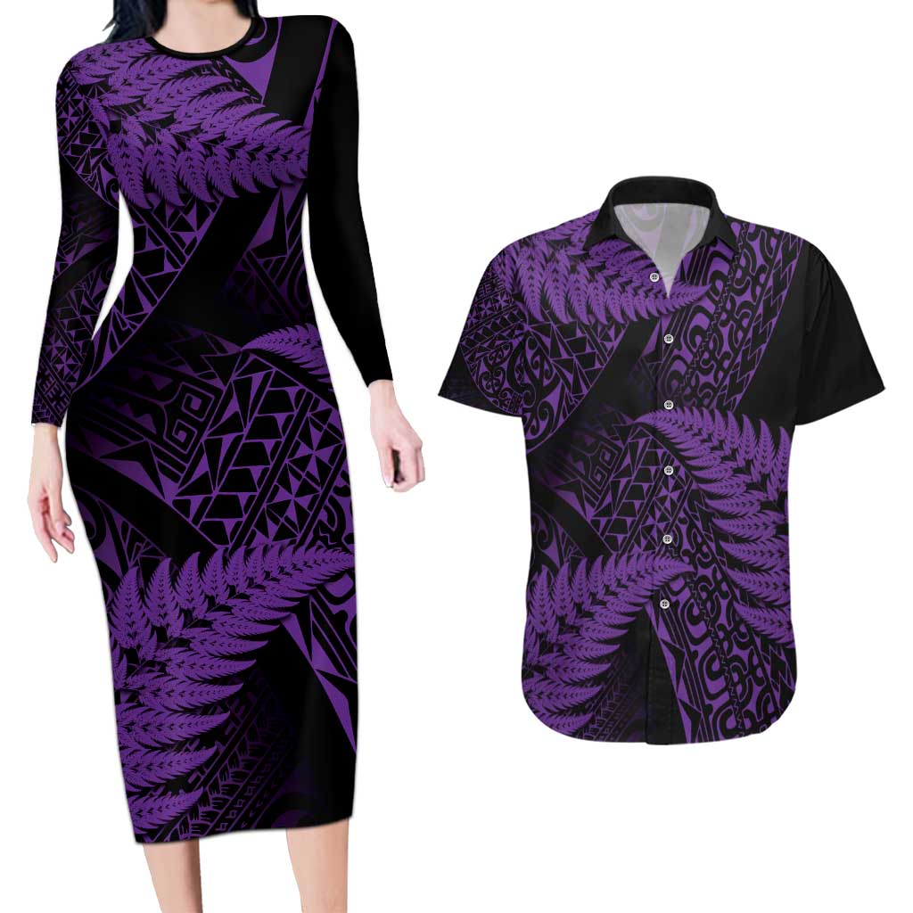 New Zealand Rugby Pacific Personalised Couples Matching Long Sleeve Bodycon Dress and Hawaiian Shirt All Purple Maori Pasifika Fern Pattern LT9 Purple - Polynesian Pride