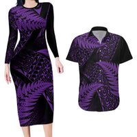 New Zealand Rugby Pacific Personalised Couples Matching Long Sleeve Bodycon Dress and Hawaiian Shirt All Purple Maori Pasifika Fern Pattern LT9 Purple - Polynesian Pride