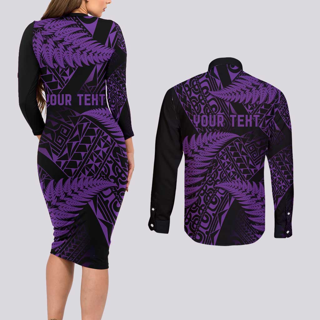 New Zealand Rugby Pacific Personalised Couples Matching Long Sleeve Bodycon Dress and Long Sleeve Button Shirt All Purple Maori Pasifika Fern Pattern LT9 - Polynesian Pride