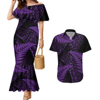 New Zealand Rugby Pacific Personalised Couples Matching Mermaid Dress and Hawaiian Shirt All Purple Maori Pasifika Fern Pattern LT9 Purple - Polynesian Pride