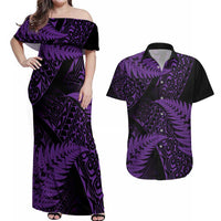 New Zealand Rugby Pacific Personalised Couples Matching Off Shoulder Maxi Dress and Hawaiian Shirt All Purple Maori Pasifika Fern Pattern LT9 Purple - Polynesian Pride