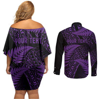 New Zealand Rugby Pacific Personalised Couples Matching Off Shoulder Short Dress and Long Sleeve Button Shirt All Purple Maori Pasifika Fern Pattern LT9 - Polynesian Pride