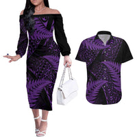 New Zealand Rugby Pacific Personalised Couples Matching Off The Shoulder Long Sleeve Dress and Hawaiian Shirt All Purple Maori Pasifika Fern Pattern LT9 Purple - Polynesian Pride