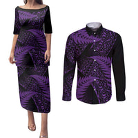 New Zealand Rugby Pacific Personalised Couples Matching Puletasi and Long Sleeve Button Shirt All Purple Maori Pasifika Fern Pattern LT9 Purple - Polynesian Pride