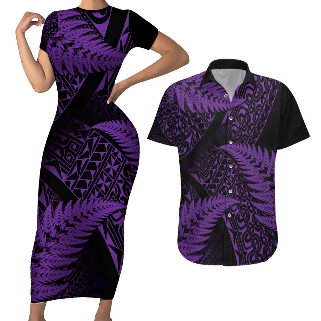 New Zealand Rugby Pacific Personalised Couples Matching Short Sleeve Bodycon Dress and Hawaiian Shirt All Purple Maori Pasifika Fern Pattern