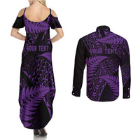 New Zealand Rugby Pacific Personalised Couples Matching Summer Maxi Dress and Long Sleeve Button Shirt All Purple Maori Pasifika Fern Pattern LT9 - Polynesian Pride