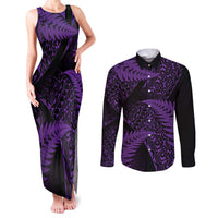 New Zealand Rugby Pacific Personalised Couples Matching Tank Maxi Dress and Long Sleeve Button Shirt All Purple Maori Pasifika Fern Pattern LT9 Purple - Polynesian Pride