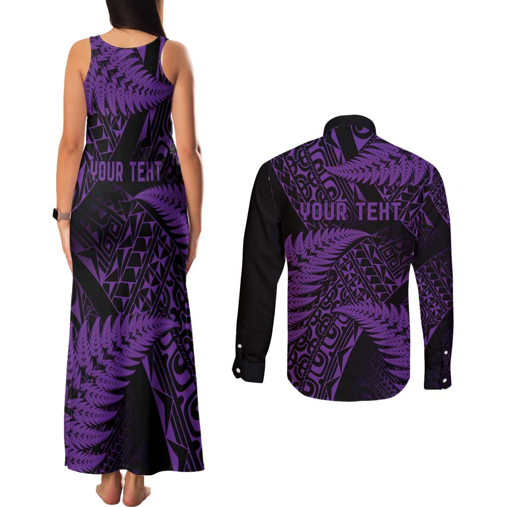 New Zealand Rugby Pacific Personalised Couples Matching Tank Maxi Dress and Long Sleeve Button Shirt All Purple Maori Pasifika Fern Pattern LT9 - Polynesian Pride
