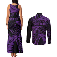 New Zealand Rugby Pacific Personalised Couples Matching Tank Maxi Dress and Long Sleeve Button Shirt All Purple Maori Pasifika Fern Pattern LT9 - Polynesian Pride
