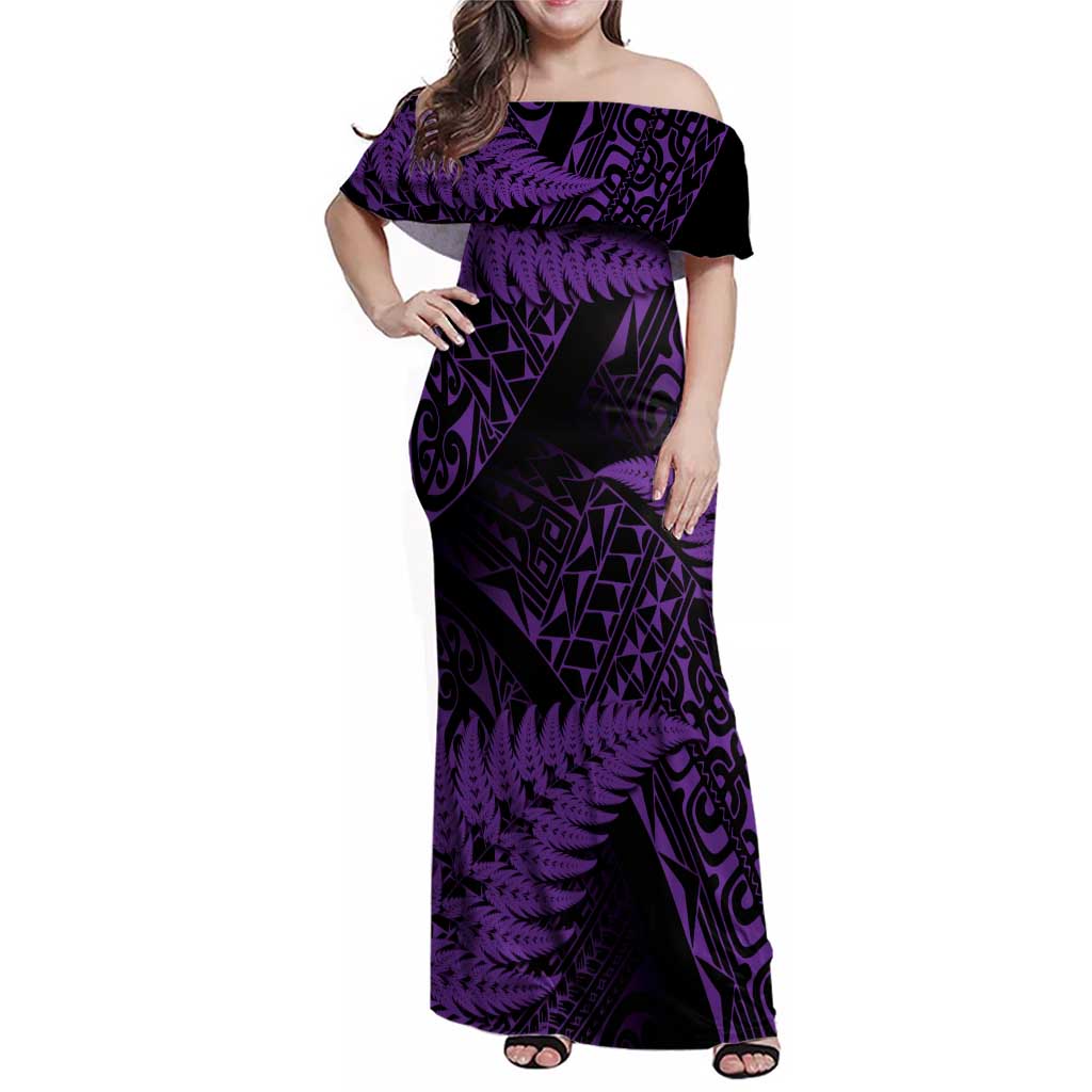 New Zealand Rugby Pacific Personalised Family Matching Off Shoulder Maxi Dress and Hawaiian Shirt All Purple Maori Pasifika Fern Pattern
