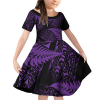 New Zealand Rugby Pacific Personalised Family Matching Off Shoulder Short Dress and Hawaiian Shirt All Purple Maori Pasifika Fern Pattern LT9 Daughter's Dress Purple - Polynesian Pride