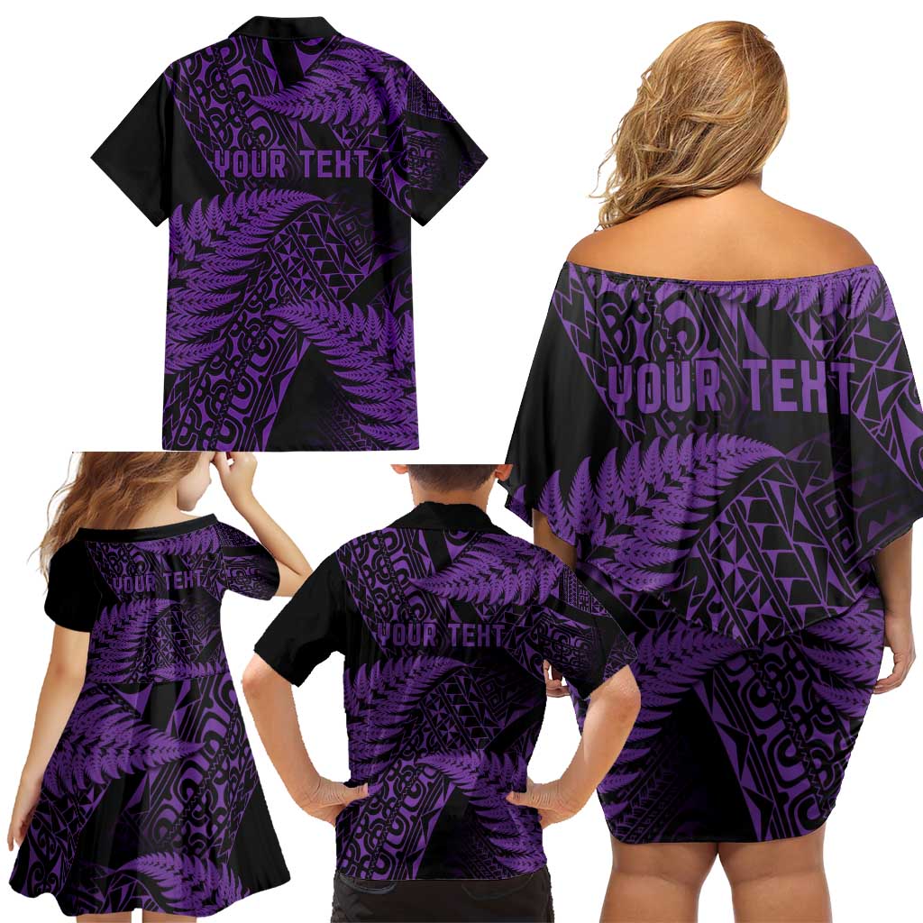 New Zealand Rugby Pacific Personalised Family Matching Off Shoulder Short Dress and Hawaiian Shirt All Purple Maori Pasifika Fern Pattern LT9 - Polynesian Pride