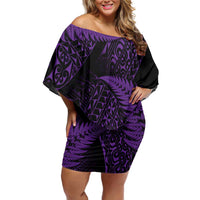New Zealand Rugby Pacific Personalised Family Matching Off Shoulder Short Dress and Hawaiian Shirt All Purple Maori Pasifika Fern Pattern LT9 Mom's Dress Purple - Polynesian Pride