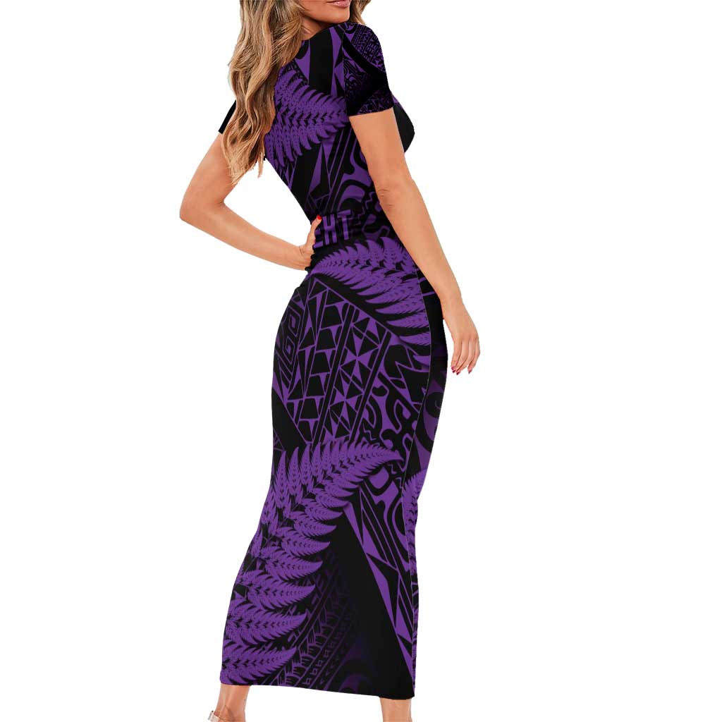 New Zealand Rugby Pacific Personalised Family Matching Short Sleeve Bodycon Dress and Hawaiian Shirt All Purple Maori Pasifika Fern Pattern LT9 - Polynesian Pride