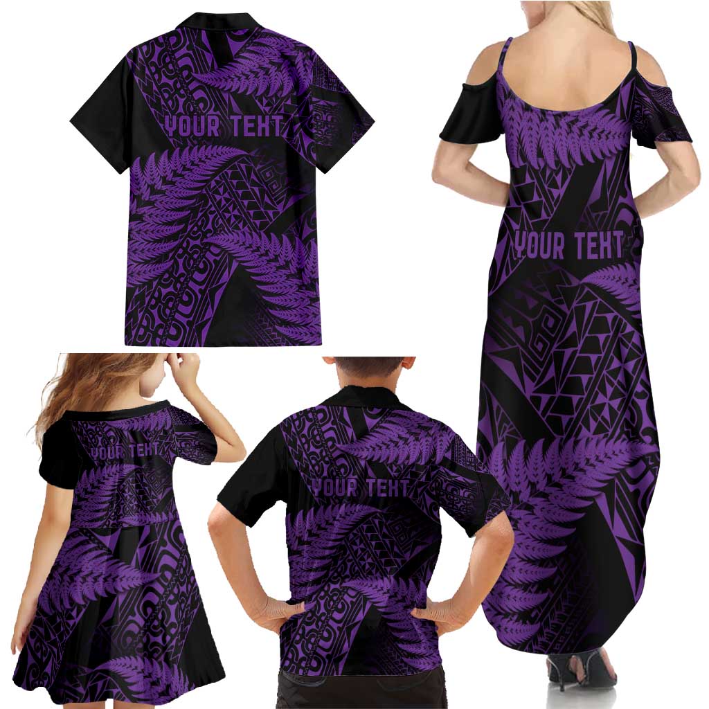 New Zealand Rugby Pacific Personalised Family Matching Summer Maxi Dress and Hawaiian Shirt All Purple Maori Pasifika Fern Pattern LT9 - Polynesian Pride