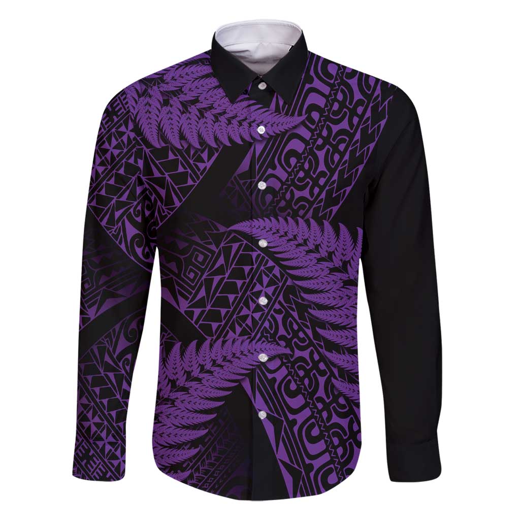 New Zealand Rugby Pacific Personalised Family Matching Summer Maxi Dress and Hawaiian Shirt All Purple Maori Pasifika Fern Pattern LT9 Dad's Shirt - Long Sleeve Purple - Polynesian Pride