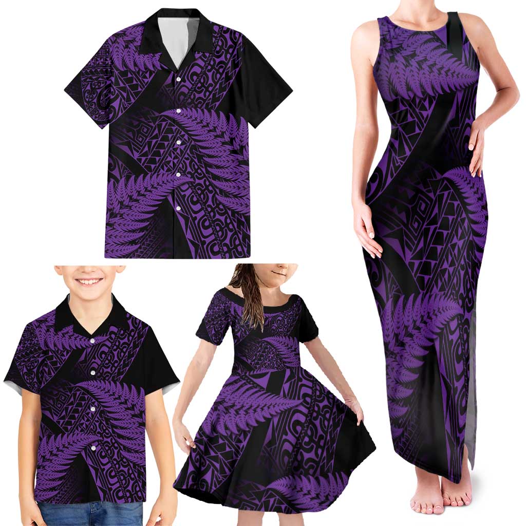 New Zealand Rugby Pacific Personalised Family Matching Tank Maxi Dress and Hawaiian Shirt All Purple Maori Pasifika Fern Pattern