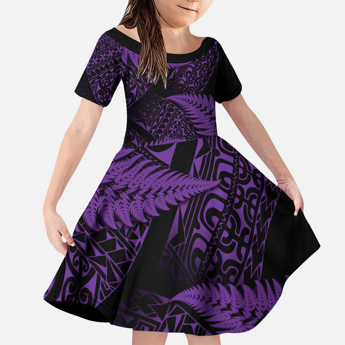New Zealand Rugby Pacific Personalised Kid Short Sleeve Dress All Purple Maori Pasifika Fern Pattern