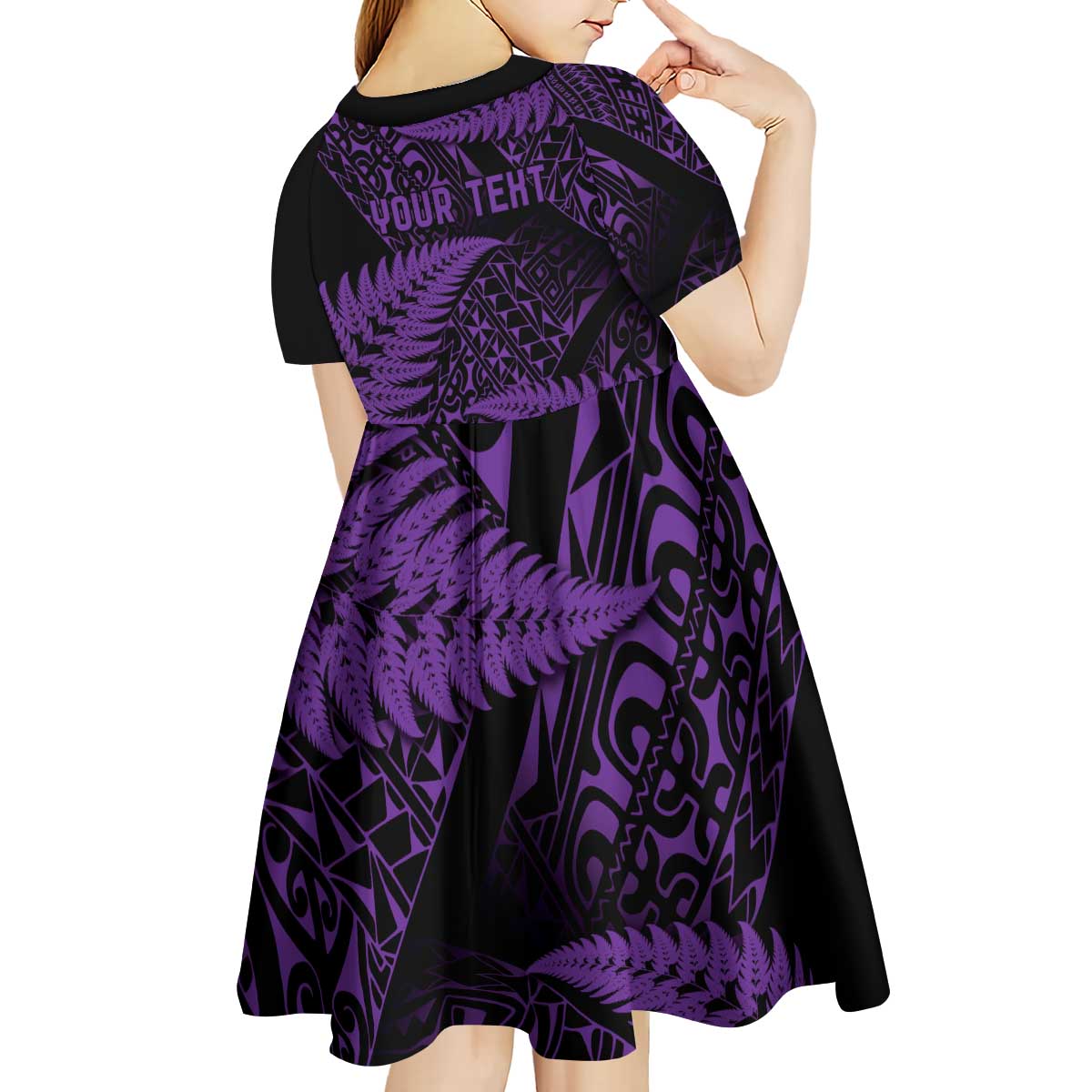 New Zealand Rugby Pacific Personalised Kid Short Sleeve Dress All Purple Maori Pasifika Fern Pattern