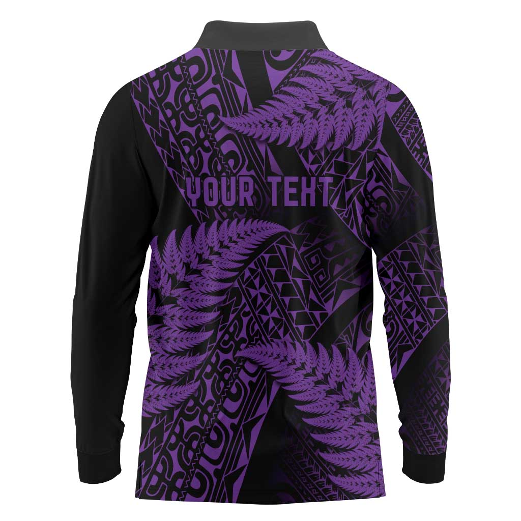 New Zealand Rugby Pacific Personalised Long Sleeve Polo Shirt All Purple Maori Pasifika Fern Pattern