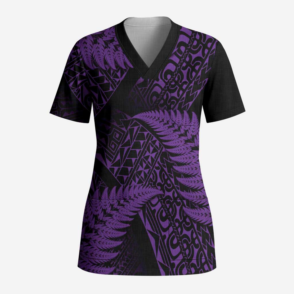 New Zealand Rugby Pacific Personalised Scrub Top All Purple Maori Pasifika Fern Pattern - Polynesian Pride