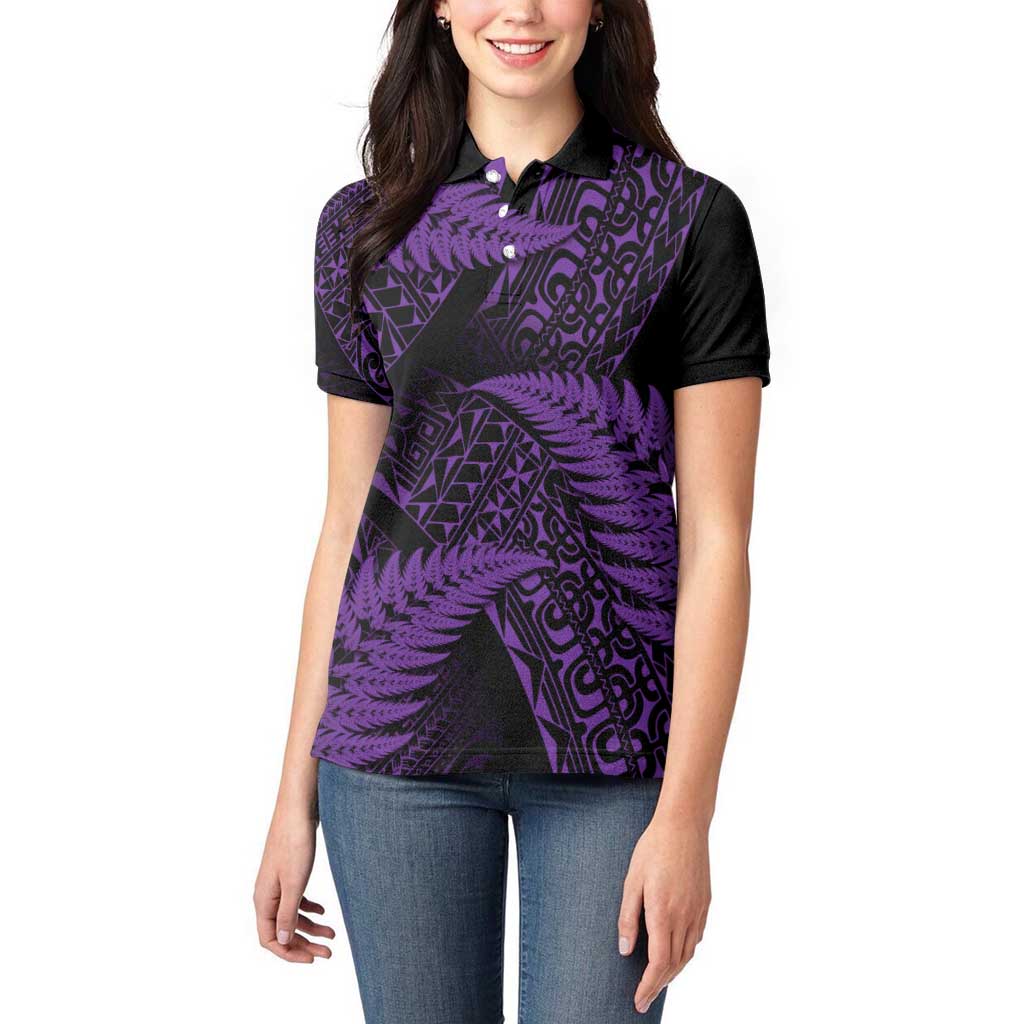 New Zealand Rugby Pacific Personalised Women Polo Shirt All Purple Maori Pasifika Fern Pattern