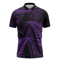 New Zealand Rugby Pacific Personalised Zipper Polo Shirt All Purple Maori Pasifika Fern Pattern - Polynesian Pride