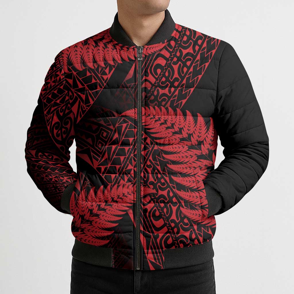 New Zealand Rugby Pacific Personalised Bomber Puffer Jacket All Red Maori Pasifika Fern Pattern - Polynesian Pride