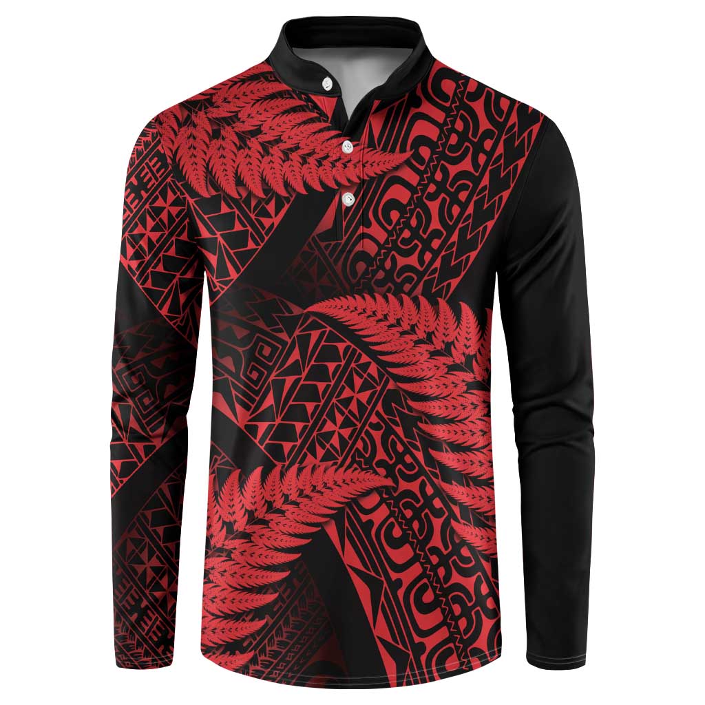 New Zealand Rugby Pacific Personalised Button Sweatshirt All Red Maori Pasifika Fern Pattern LT9 Red - Polynesian Pride