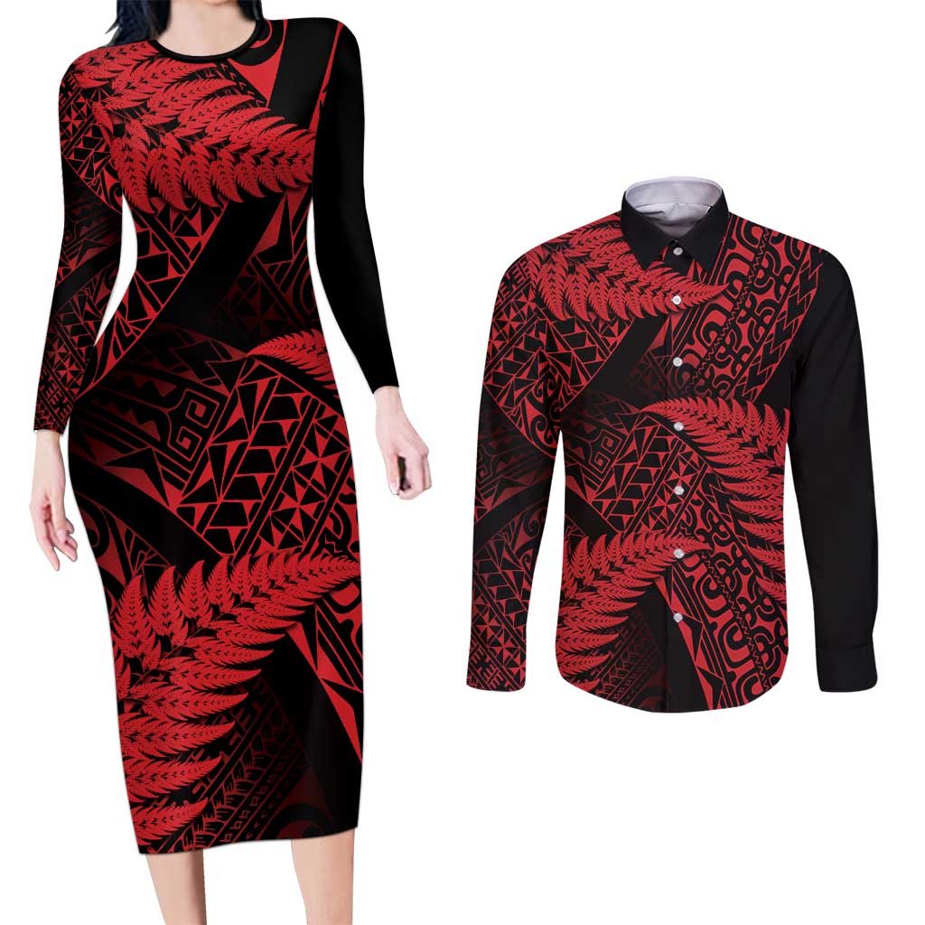 New Zealand Rugby Pacific Personalised Couples Matching Long Sleeve Bodycon Dress and Long Sleeve Button Shirt All Red Maori Pasifika Fern Pattern LT9 Red - Polynesian Pride