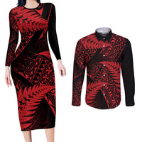 New Zealand Rugby Pacific Personalised Couples Matching Long Sleeve Bodycon Dress and Long Sleeve Button Shirt All Red Maori Pasifika Fern Pattern LT9 Red - Polynesian Pride