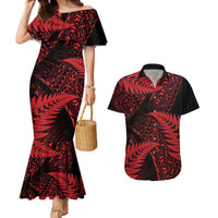 New Zealand Rugby Pacific Personalised Couples Matching Mermaid Dress and Hawaiian Shirt All Red Maori Pasifika Fern Pattern LT9 Red - Polynesian Pride