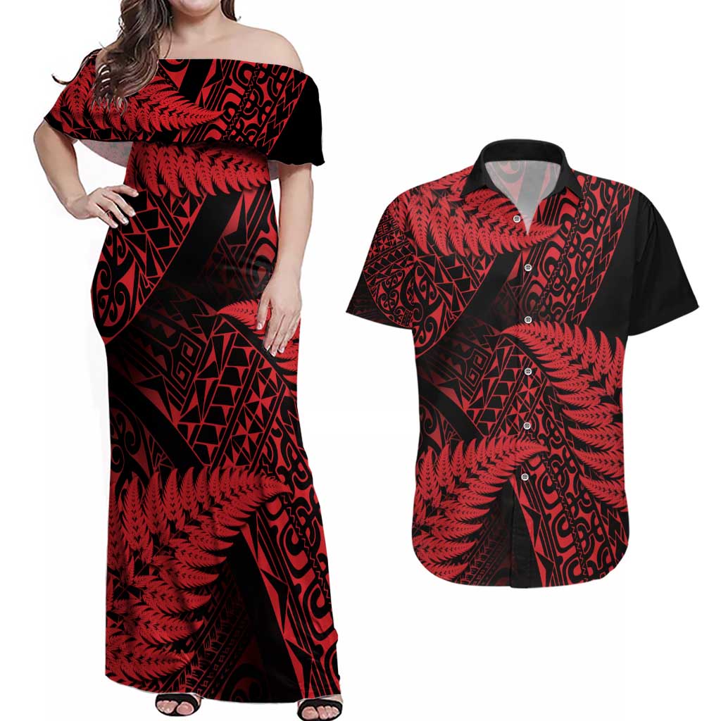 New Zealand Rugby Pacific Personalised Couples Matching Off Shoulder Maxi Dress and Hawaiian Shirt All Red Maori Pasifika Fern Pattern